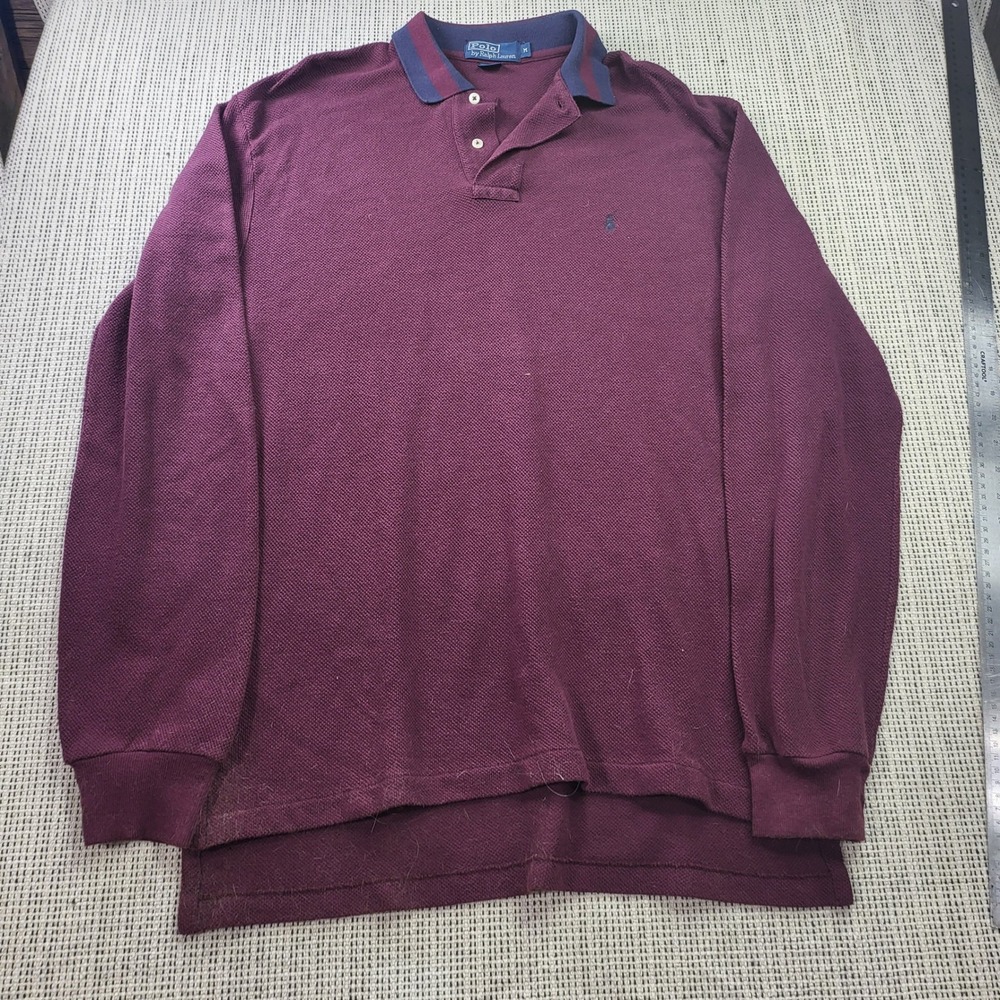Polo Ralph Lauren Polo Shirt Mens M Burgundy Long Sleeve Pique Striped Collar